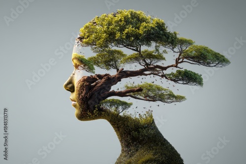 Silhouette of a human head creatively merged with a tree, showcasing green foliage and branches extending gracefully. Nature and humanity blend harmoniously, symbolizing connection and growth