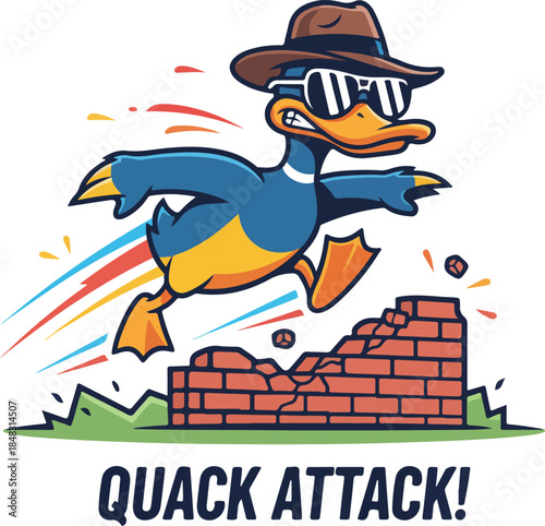 Angry Cartoon Duck in Fedora Hat and Sunglasses Charging Forward.