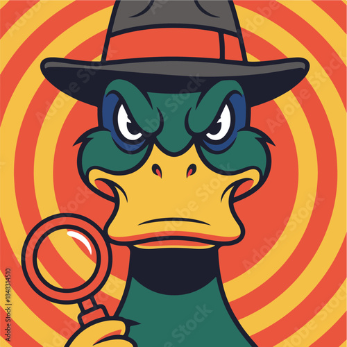 Angry Cartoon Duck Detective with Magnifying Glass.