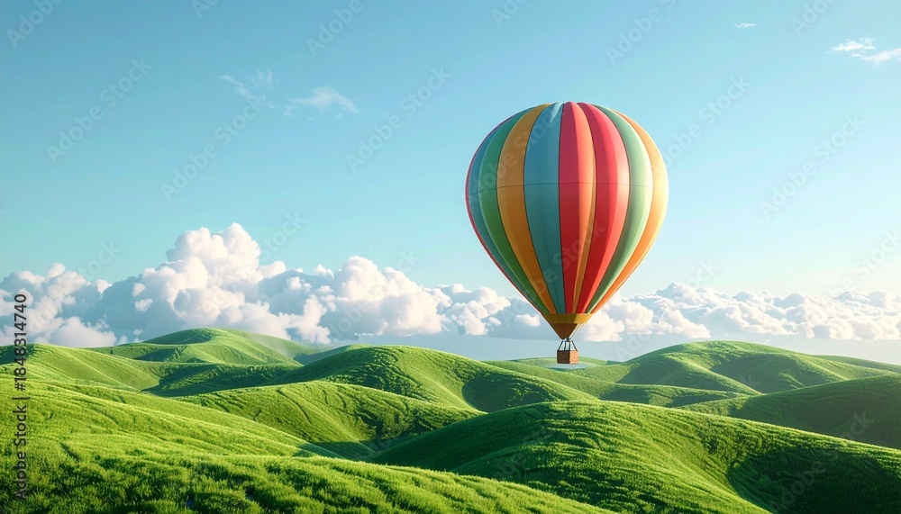 Naklejka premium 3D hot air balloon floating over soft rolling hills