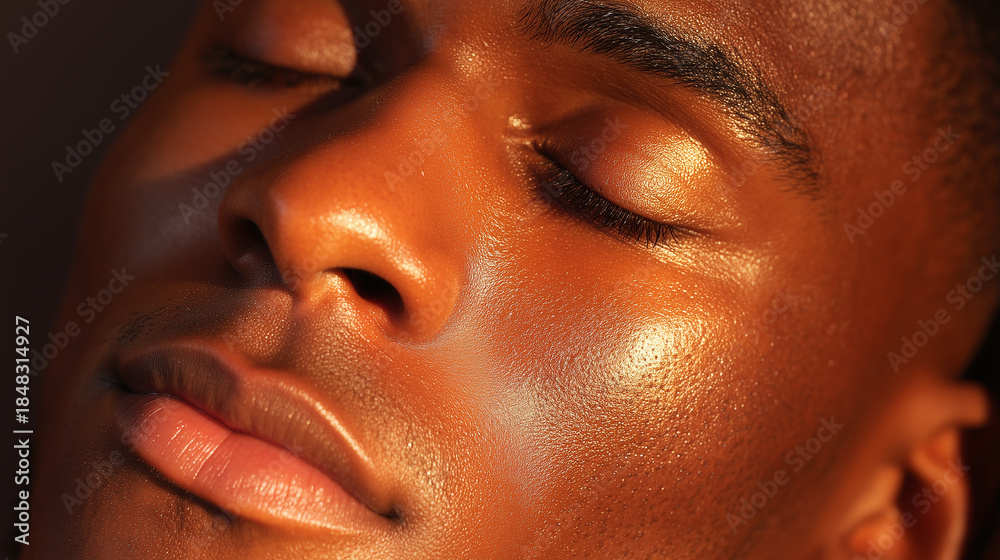 Fototapeta premium Full face close up of man with glowing skin, smooth lips, closed eyes, and even complexion, showing healthy, radiant, and moisturized appearance in warm natural light