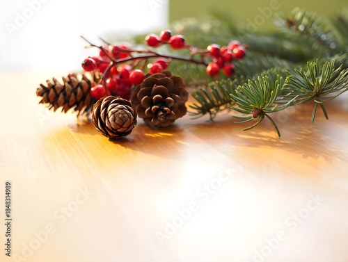 Natural holiday decorations on wooden surface