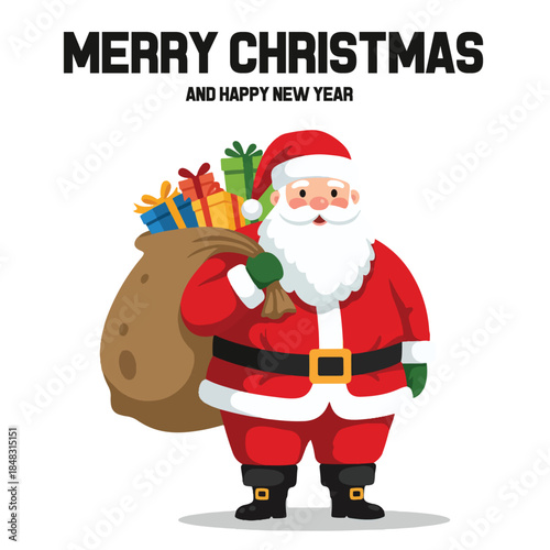 Merry Christmas and Happy New Year illustration of Santa Claus holding a sack full of gift boxes