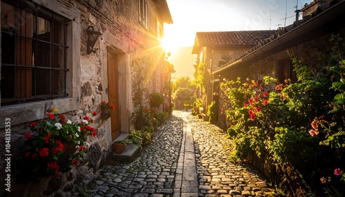 Sun drenched Traditional Village Street with Stone Walls and Vibrant Flowers
