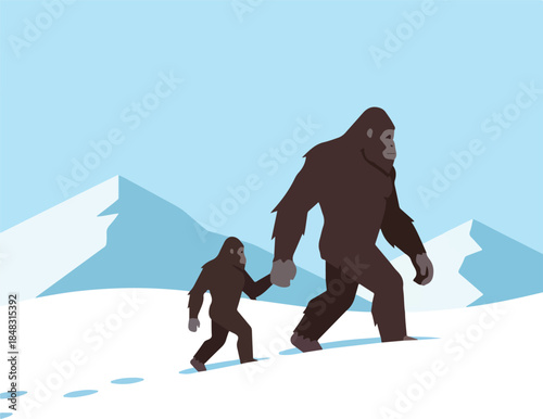 Bigfoot Family Trekking Through Snowy Mountains.