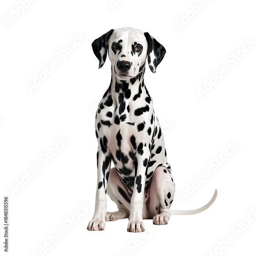 A Dalmatian dog sitting upright on transparent background