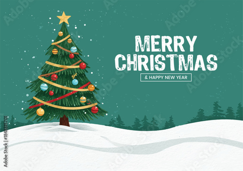 Merry Christmas and Happy New Year banner with a decorated pine tree on a snowy hill