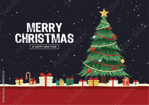 Merry Christmas and Happy New Year a decorated pine tree and colorful gift boxes on snowy ground