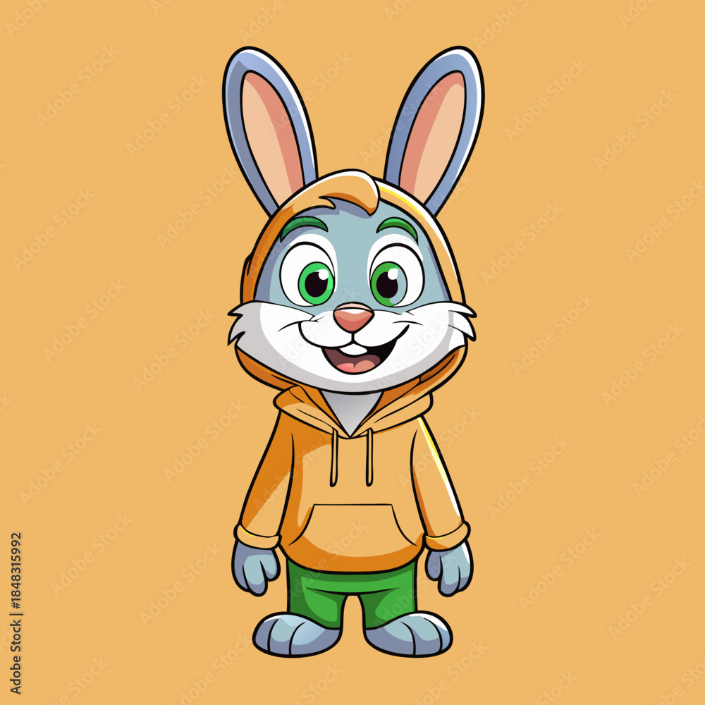 Fototapeta premium Cartoon bunny wearing orange hoodie and green pants smiling rabbit