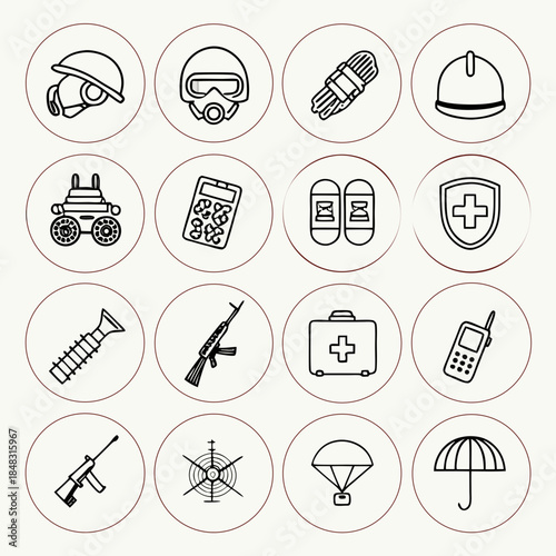 Military including helmets gas masks ammunition tank first aid kit guns