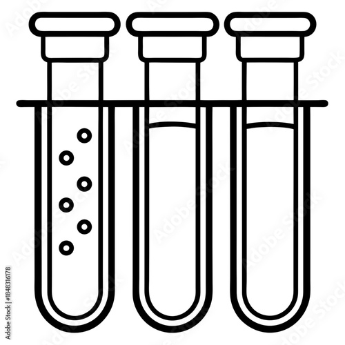 Line of three test tubes in a rack for medical testing laboratory science line transparent background
