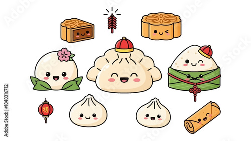 Adorable cartoon Asian food items and cultural symbols, including mooncakes, dumplings, and zongzi, all with cute happy faces.