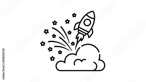 Line art illustration of a rocket launching into space from a cloud with stars and sparks.