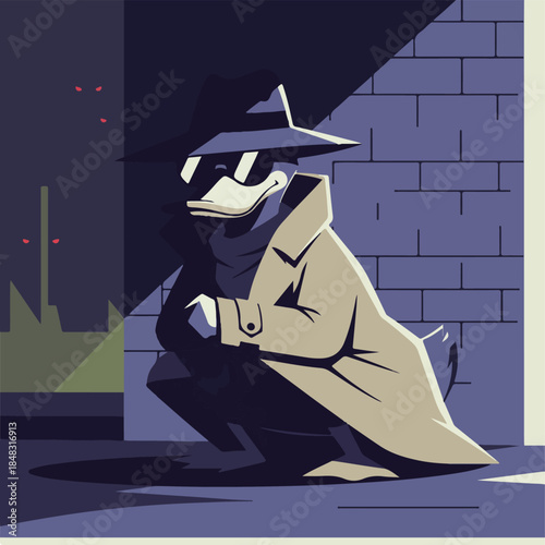 Cartoon Anthropomorphic Duck as Detective in Trench Coat and Fedora.