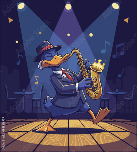 Cartoon Anthropomorphic Duck Playing Saxophone in Suit.