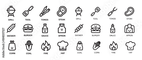 Grill, barbecue tools, steak, skewer, burger, sauce, apron, corn, coal, fire, hat outline icons