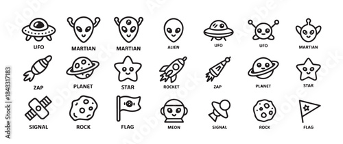 Space ufo, martian, alien, zap, planet, star, rocket, signal, rock, flag, meon outline icons
