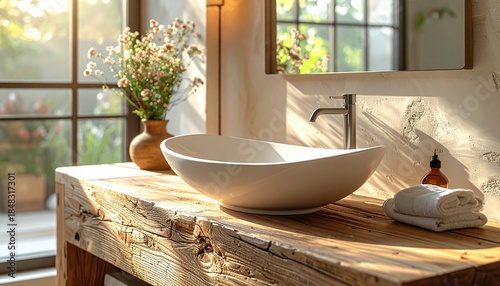 A white vessel sink sits on a rustic wood vanity in a sunlit bathroom A modern faucet flowers and a textured wall are visible