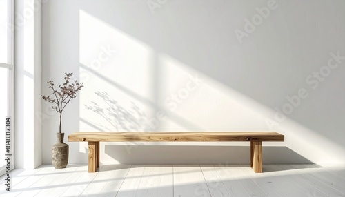 A wooden bench sits on a white floor against a plain wall Bright sunlight casts diagonal shadows A vase holds a dry branch