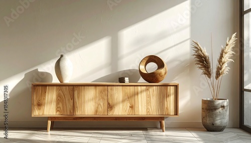 A wooden sideboard with a vase and sculpture sits against a textured white wall lit by sunlight A pot with pampas grass is on the floor