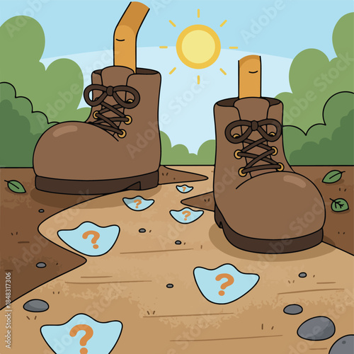 Cartoon Boots on a Path with Question Marks.