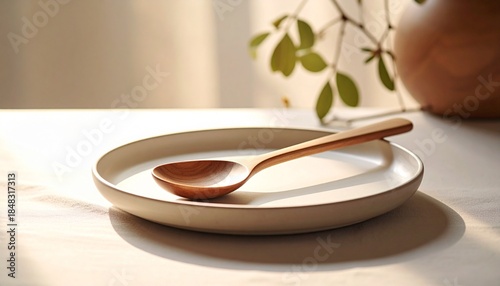 A wooden spoon rests on a shallow offwhite plate on a table bathed in warm sunlight In the softfocus background are green leaves