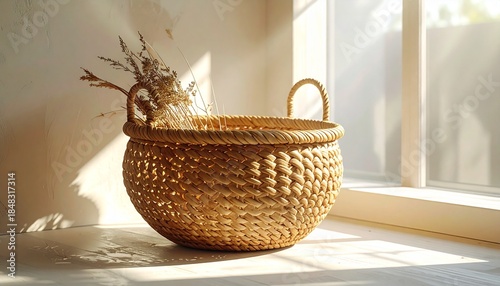 A woven basket with dried grasses sits on a wooden surface in bright sunlight from a window casting long shadows