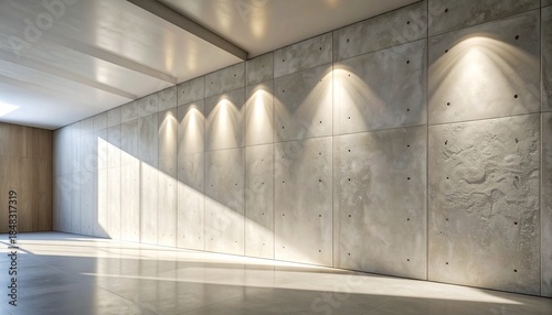 An empty modern room with a wall of precast concrete panels lit by spotlights Sunlight streams in casting shadows on the polished floor