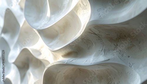Closeup of an undulating offwhite sculptural surface Light and shadow emphasize the deep organic curves and rough uneven texture