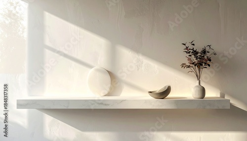 On a white marble shelf against a textured wall a vase of branches a small bowl and a disc are lit by warm sunlight