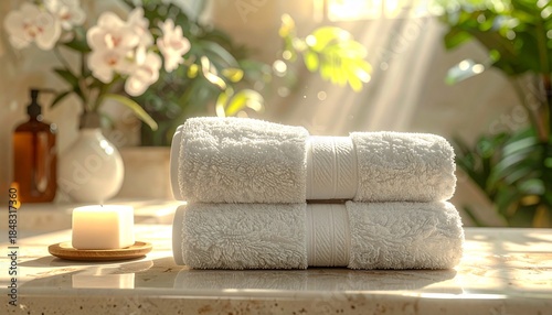 Stacked white towels and a lit candle on a sunlit marble surface with blurred plants and orchids in the background