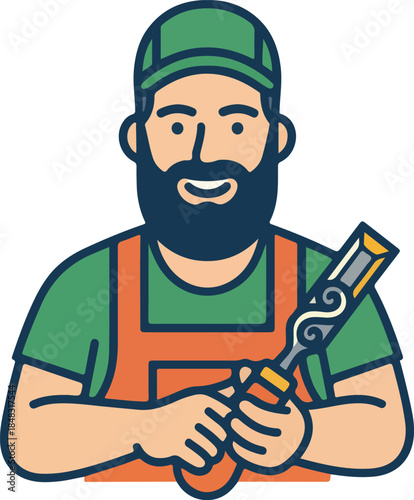 Cartoon Craftsman Holding Chisel with Focused Expression and Detailed Features.