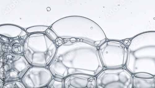 A macro photograph of clear interconnected soap bubbles forming a foam structure against a bright white background