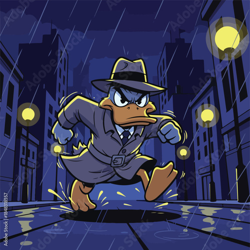 Cartoon Duck Detective Running in the Rain at Night.