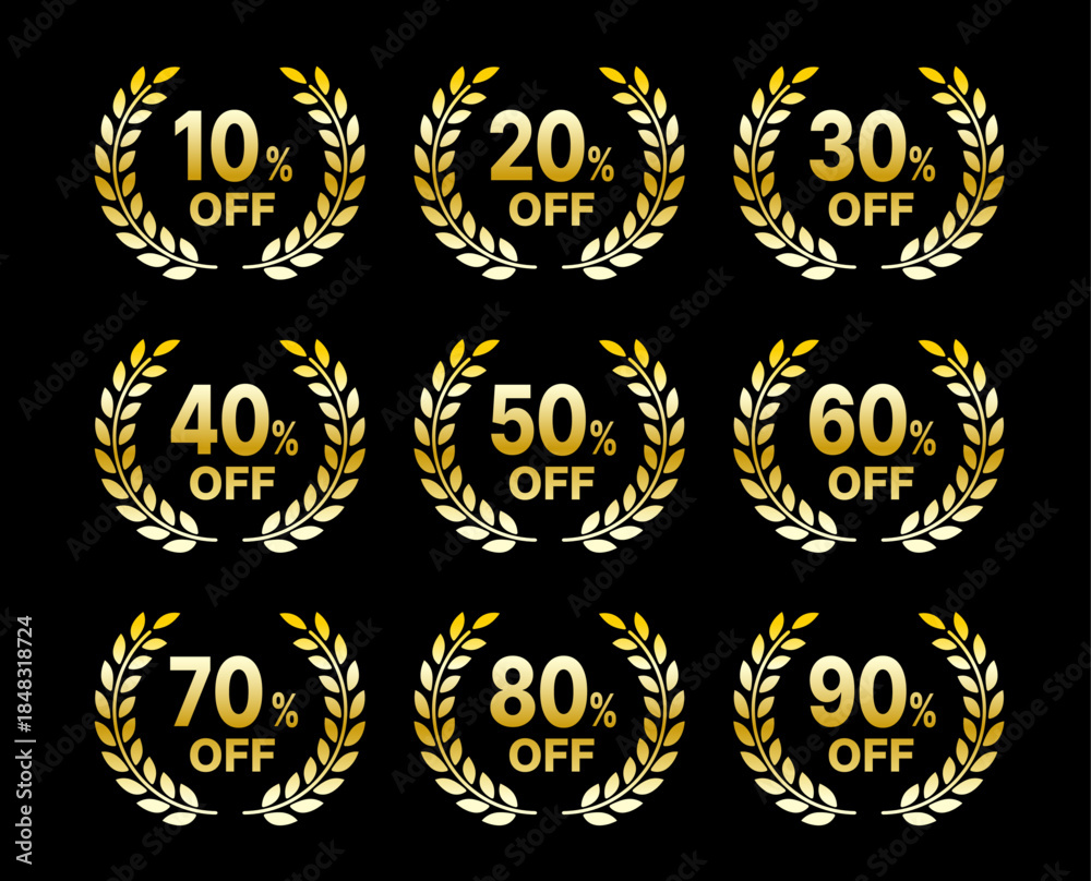 Fototapeta premium 金の月桂樹モチーフ セール割引率アイコンラベルセット（10〜90%OFF）