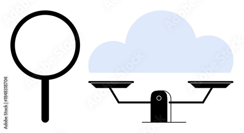 Data analysis, cloud computing, decision making, data accuracy, digital services, technology concepts. A magnifying glass and balanced scale with a cloud. Data analysis and cloud computing concept