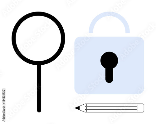 Data security, privacy measures, digital research, online safety, information analysis, creative solutions. Magnifying glass, locked padlock and a pencil . Privacy measures and data security