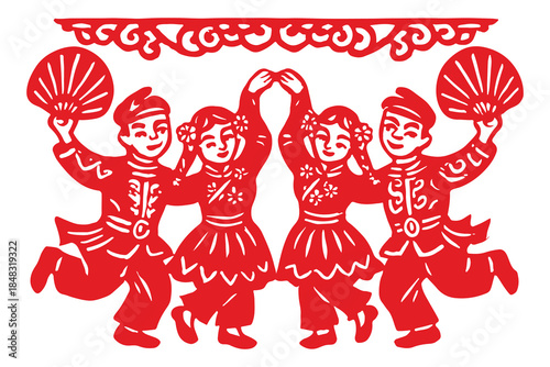 traditional chinese paper cutting of villagers dancing