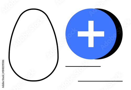 Minimalist design. Minimalist elements include an egg shape outline with a bold blue circle and plus symbol. Minimalist artwork for apps, health, design inspiration, interface design, branding