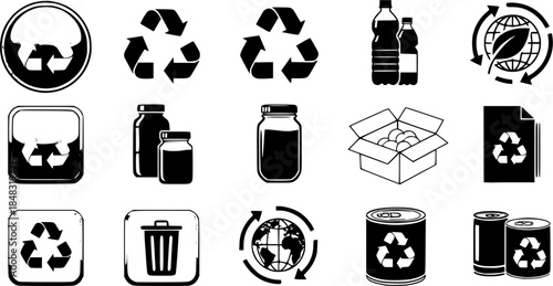 Recycle icon vector set. Recyclable materials illustration sign collection. Trash symbol. Eco logo. Recycle button web icons set. Ecology symbols.