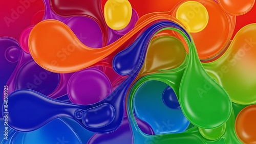 A playful 3D abstract composition of glossy, vibrant liquid droplets in a rainbow of colors. The smooth, bulbous shapes flow together with a high-shine, candy-like finish.