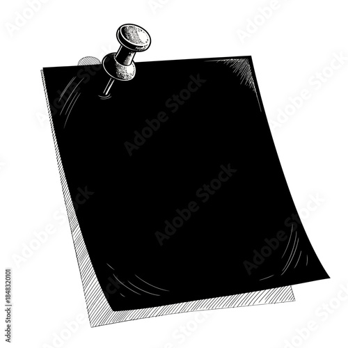 Black sticky note pinned to a white surface with a pushpin for reminders or messages