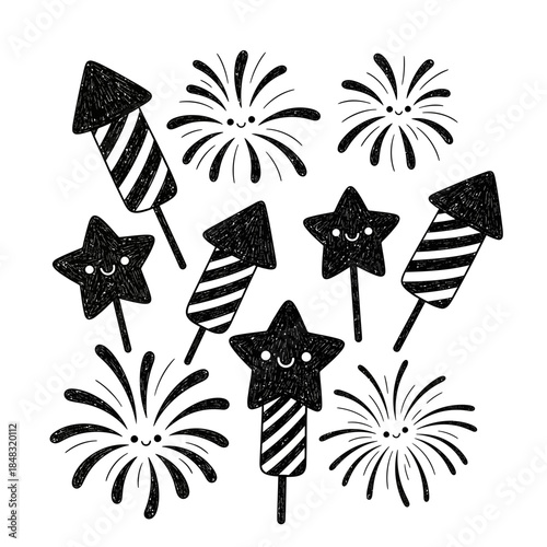 Celebratory fireworks and star-shaped sparklers in black and white for festive occasion