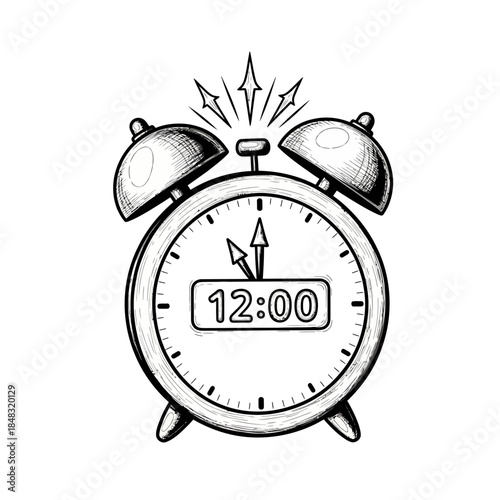 Classic black and white analog alarm clock with ringing bells indicating noon time