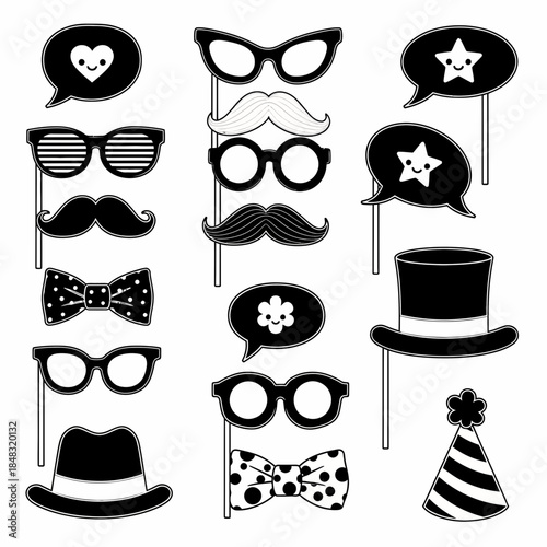 Collection of black and white graphic icons representing party accessories and fun eyewear for
