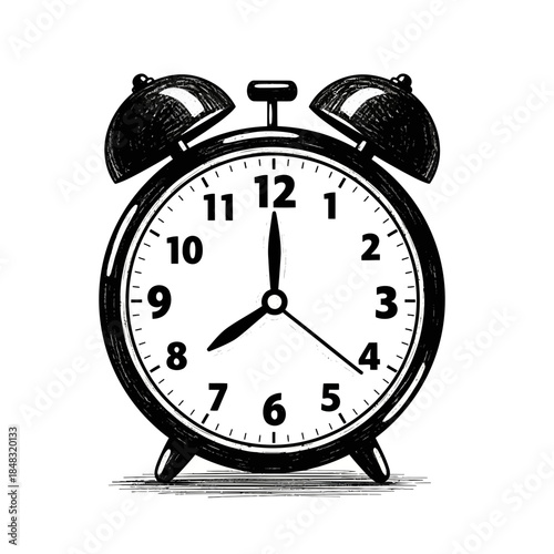 Classic black and white vintage alarm clock showing 11:55 with traditional design and twin bells