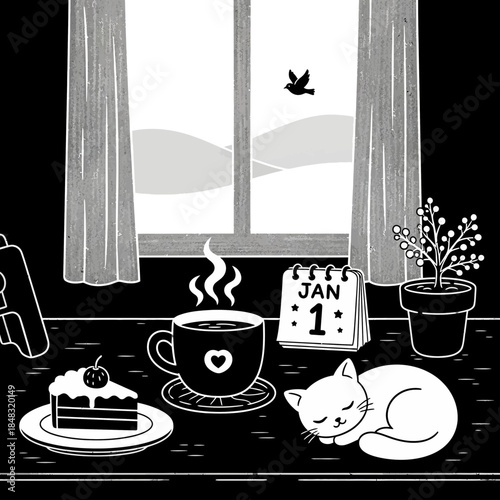 Cozy domestic scene with a sleeping cat, hot beverage, cake, and window view in black and white