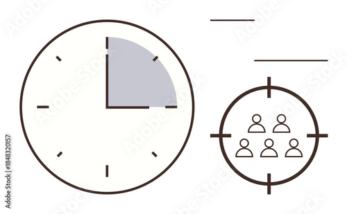 Analog clock with shaded quarter and group inside crosshairs. Ideal for time management, goals, precision, prioritization, productivity, planning, business strategy. Minimalist visual simple flat