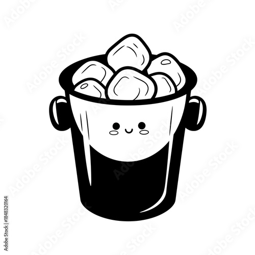 Cute cartoon illustration of a smiling bucket filled with rocks or stones in black and white