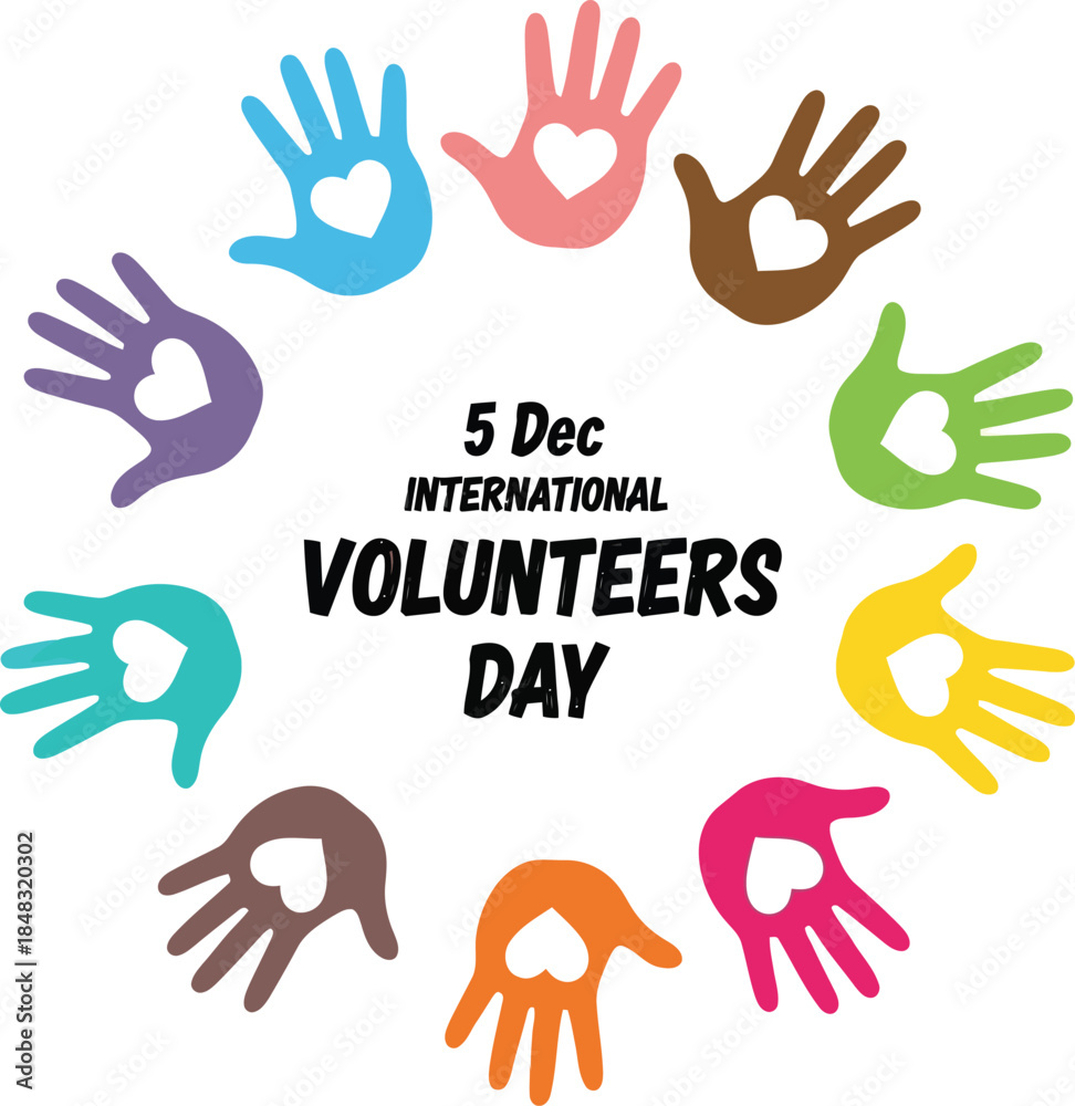 Fototapeta premium International volunteers day colorful handprints with hearts forming circle for global support and community awareness vector